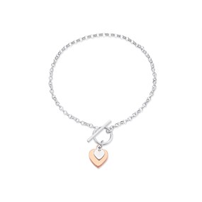 Silver Rose Tone Heart Charm T-Bar Bracelet - 7.5in - F14123