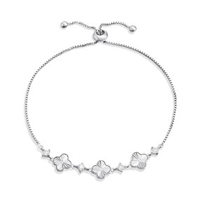 Silver CZ Diamond Cut Clover Adjustable Bracelet - F14183