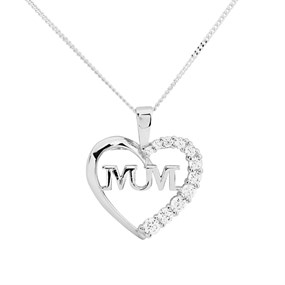Silver Cubic Zirconia Heart Mum Necklace - F33029
