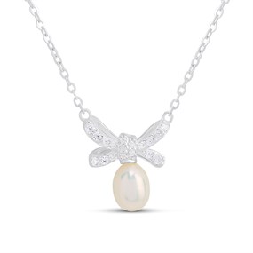 Silver Freshwater Pearl CZ Bow Necklet - F34119