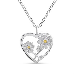 Silver Yellow CZ Daisy Heart Necklace - F34120