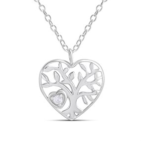 Silver CZ Tree Of Life Heart Necklace - F34121