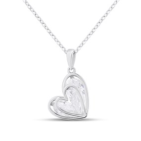 Silver Caged Pear CZ Heart Necklace - F35172
