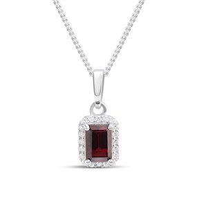 Silver Garnet And CZ Halo Birthstone Necklace - F35181
