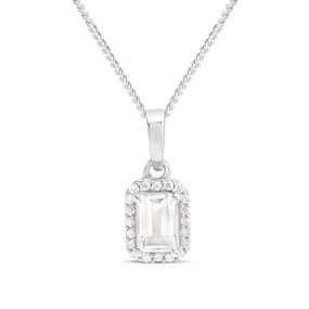 Silver White Topaz And CZ Halo Birthstone Necklace - F35184