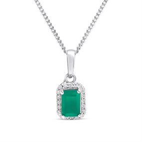 Silver Green Onyx And CZ Halo Birthstone Necklace - F35185