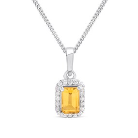Silver Citrine And CZ Halo Birthstone Necklace - F35191