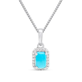Silver Turquoise And CZ Halo Birthstone Necklace - F35192