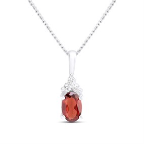 Silver Garnet And CZ Oval Birthstone Necklace - F35193