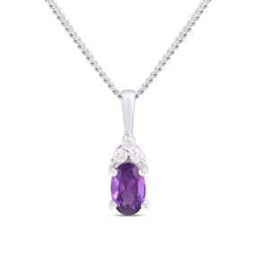 Silver Amethyst And CZ Oval Birthstone Necklace - F35194