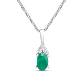 Silver Green Onyx And CZ Oval Birthstone Necklace - F35197
