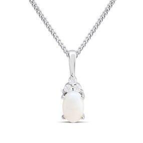 Silver Opal And CZ Oval Birthstone Necklace - F35202