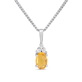 Silver Citrine And CZ Oval Birthstone Necklace - F35203
