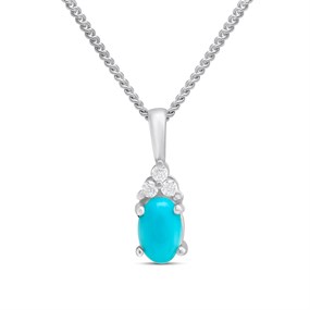 Silver Turquoise And CZ Oval Birthstone Necklace - F35204