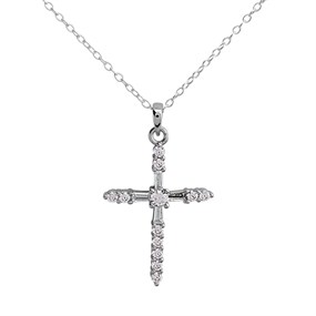 Silver Cubic Zirconia Cross And Chain - F3642