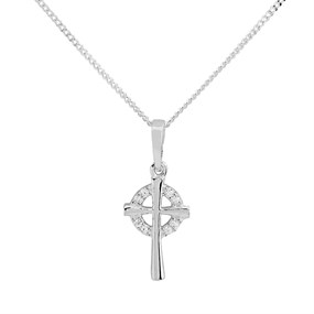 Silver Cubic Zirconia Celtic Cross And Chain - F37004