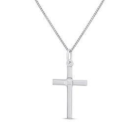 Silver Diamond Cut Edge Cross Necklace - F3714