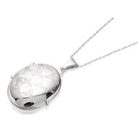 Silver Heart Design Hinged Oval Locket And Chain - F4331