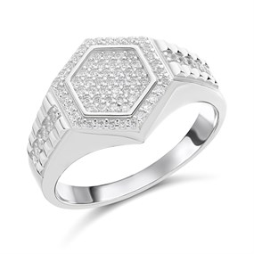 Silver Cubic Zirconia Hexagon Signet Ring - F51003