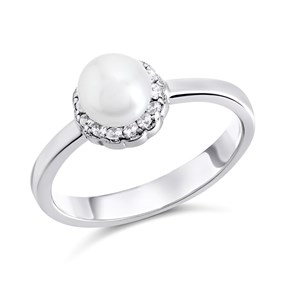 Silver Cubic Zirconia And Pearl Ring - F6036