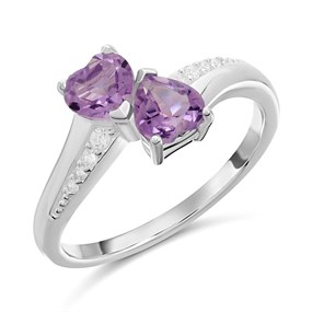 Silver Amethyst Double Heart CZ Ring - F6104