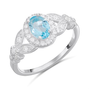 Silver Blue Topaz Halo CZ Ring - F6107
