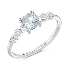 Silver Cushion Blue Topaz And CZ Ring - F6111