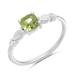 Silver Cushion Peridot And CZ Ring - F6112