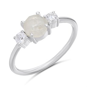 Silver Checkerboard Cut Moonstone And CZ Ring - F6113