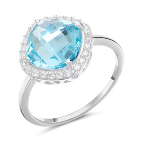 Silver Checkerboard Cut Blue Topaz And CZ Halo Ring - F6115