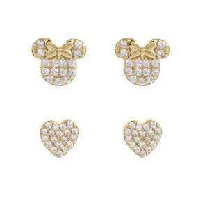 Disney Gold Plated Sterling Silver CZ Minnie And Heart Earrings Set - F67142