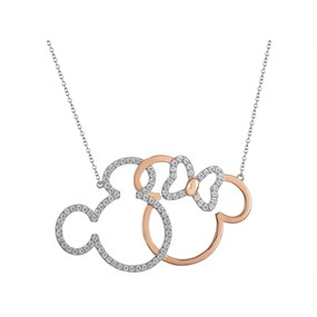 Disney Silver And Rose Plated Mickey And Minnie Cubic Zirconia Necklace - F6725