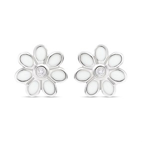 D4D Silver Diamond Enamel Flower Stud Earrings - F7349