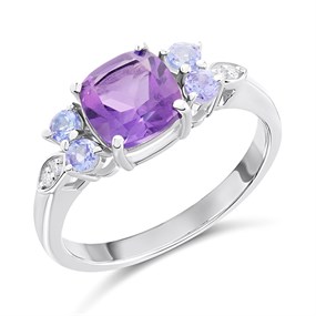 Silver Amethyst, Tanzanite And Lab Grown Diamond Ring - F9702