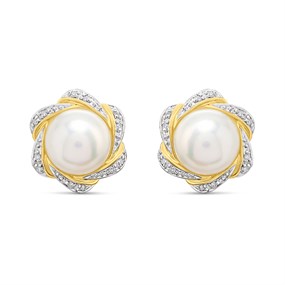 9ct Freshwater Pearl And Diamond Swirl Stud Earrings - G0696