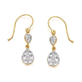 9ct Gold Crystal Double Teardrop Hook Wire Earrings - 23mm drop - G1005