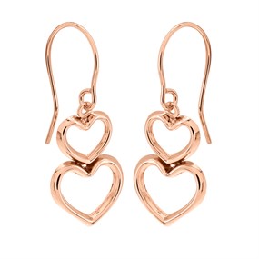 9ct Rose Gold Heart Hook Wire Earrings - 25mm drop - G1044