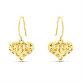 9ct Gold Filigree Heart Hook Wire Earrings - 21mm drop - G1080