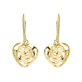 9ct Gold Filigree Heart Hook Wire Earrings - 21mm drop - G1235