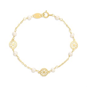 14ct Gold Pearl And Disc Children's Bracelet 5in - G1346