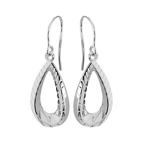 9ct White Gold Textured Teardrop Hook Wire Earrings - 31mm drop - G14101