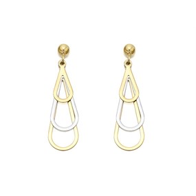 9ct Gold Two Colour Triple Teardrop Drop Earrings - 37mm drop - G1429