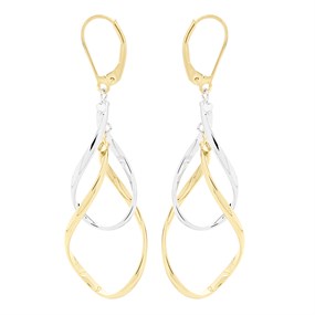 9ct Gold Two Colour Spiral Drop Earrings - 58mm drop - G1447