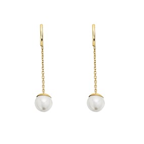 9ct Gold Freshwater Pearl Chain Drop Earrings - 37mm drop - G1452