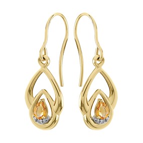 9ct Gold Citrine And Diamond Hook Wire Earrings - 28mm drop - G1840