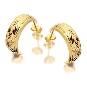 9ct Gold Banded Herringbone Pattern Half Hoop Earrings - 17mm - G2695