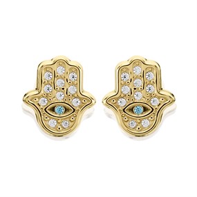 9ct Gold Cubic Zirconia Hamsa Hand Stud Earrings - 8mm - G27121