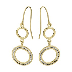 9ct Gold Cubic Zirconia Circle Hook Wire Earrings - 32mm drop - G2884
