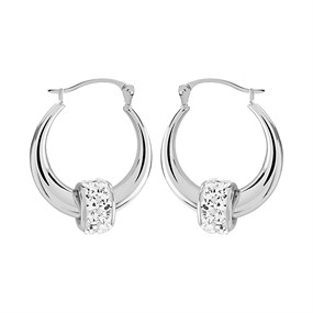 9ct White Gold Crystal Creole Hoop Earrings - 18mm - G41123