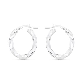 9ct White Gold Twisted Oval Hoop Earrings - 23mm - G41125